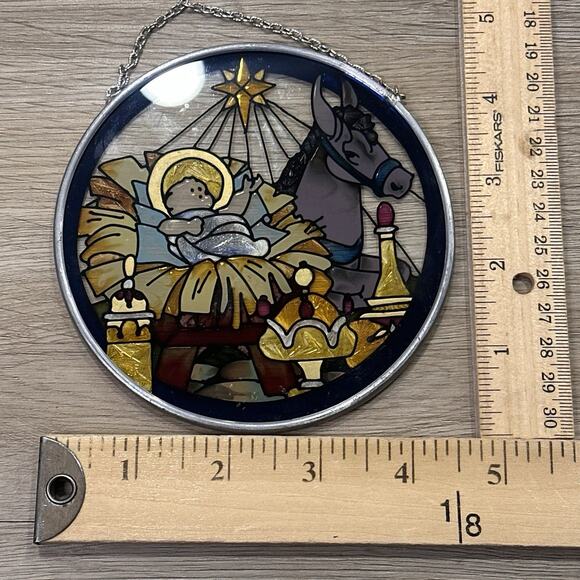 Joan Baker Nativity Scene Jesus Suncatcher Window Art Hand Painted Glass 1994 - Picture 4 of 4